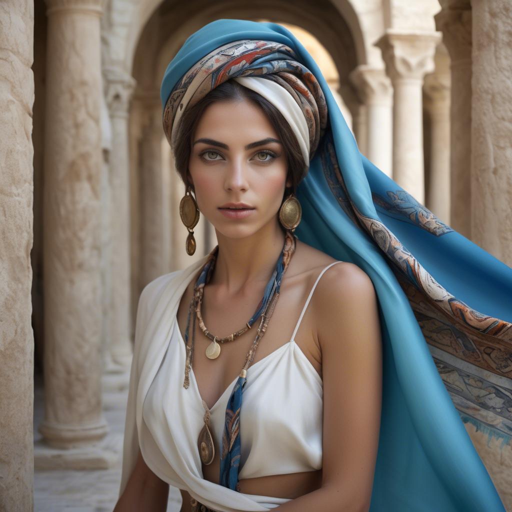 A stunning image of cypriot enchantress wrapped in fine silk scarves reflecting ancient mediterranean mystique.