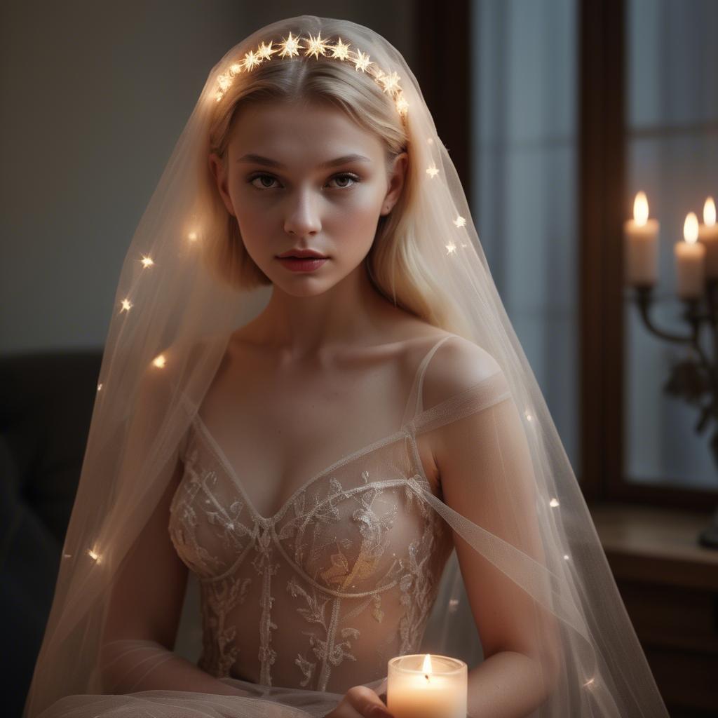 A stunning image of czech glamour star in semi-sheer tulle illuminated by gentle candle flickers.