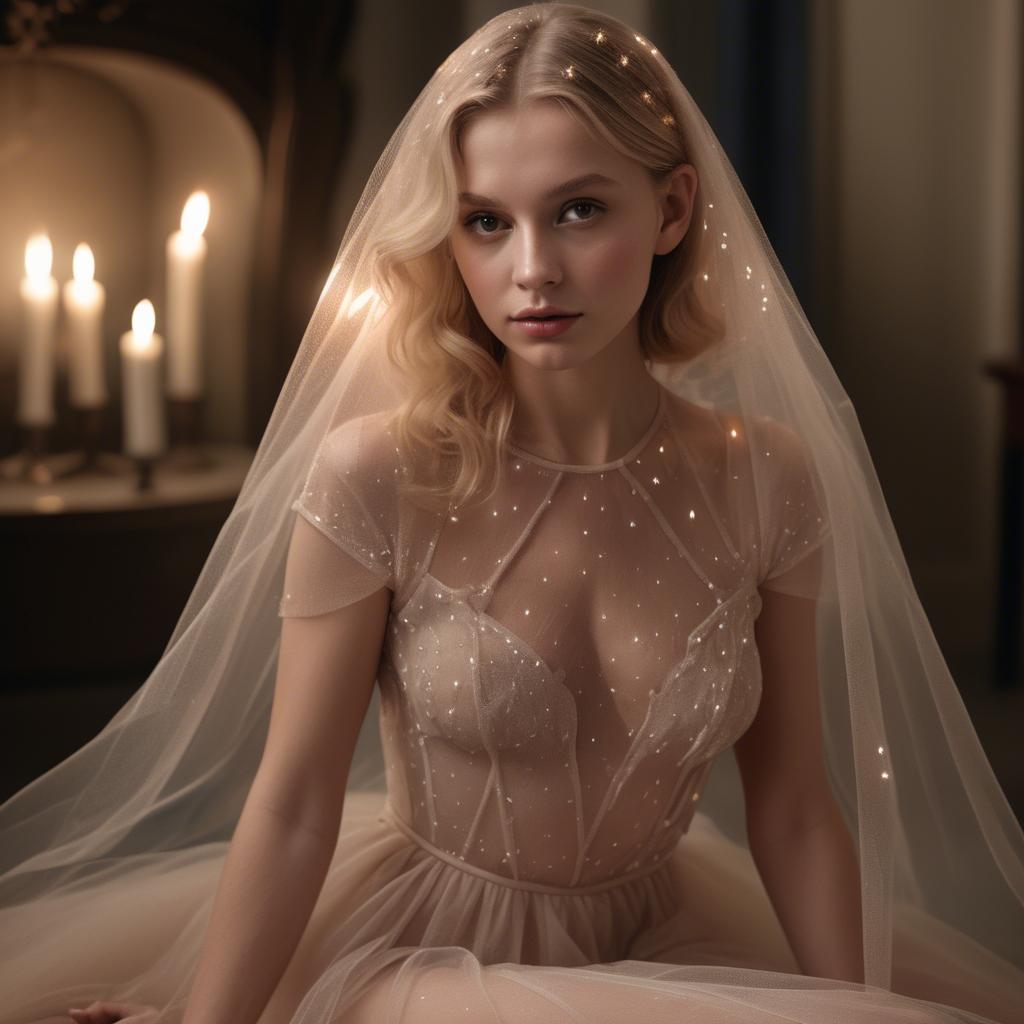 A stunning image of czech glamour star in semi-sheer tulle illuminated by gentle candle flickers.