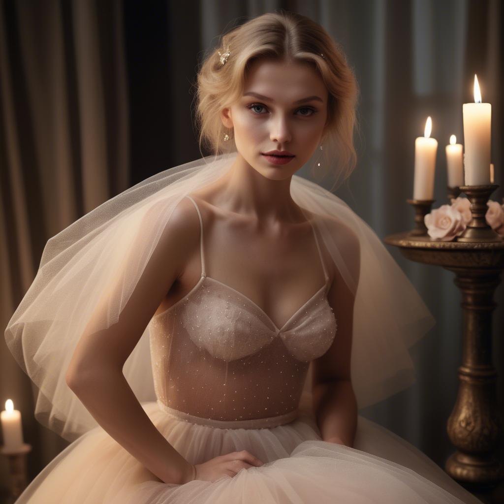 A stunning image of czech glamour star in semi-sheer tulle illuminated by gentle candle flickers.