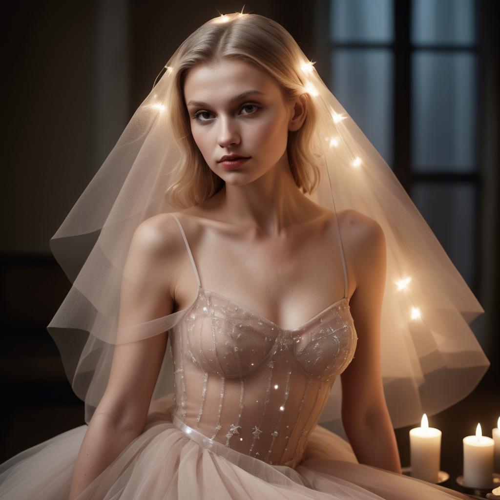 A stunning image of czech glamour star in semi-sheer tulle illuminated by gentle candle flickers.
