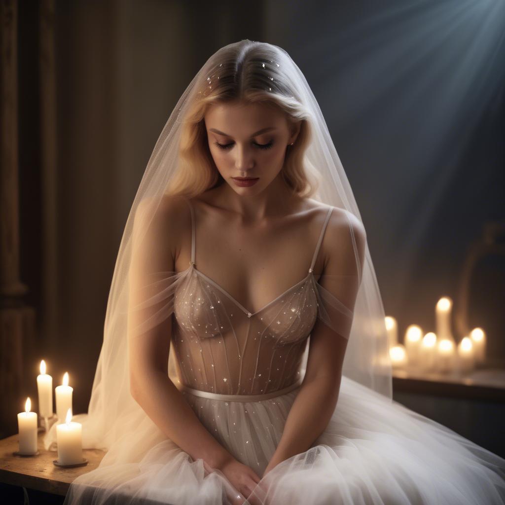 A stunning image of czech glamour star in semi-sheer tulle illuminated by gentle candle flickers.