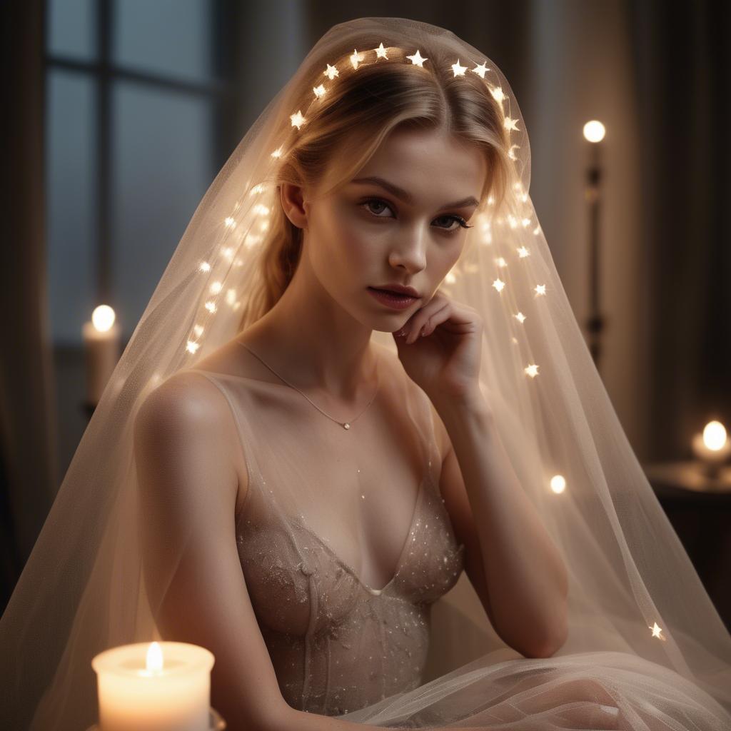 A stunning image of czech glamour star in semi-sheer tulle illuminated by gentle candle flickers.