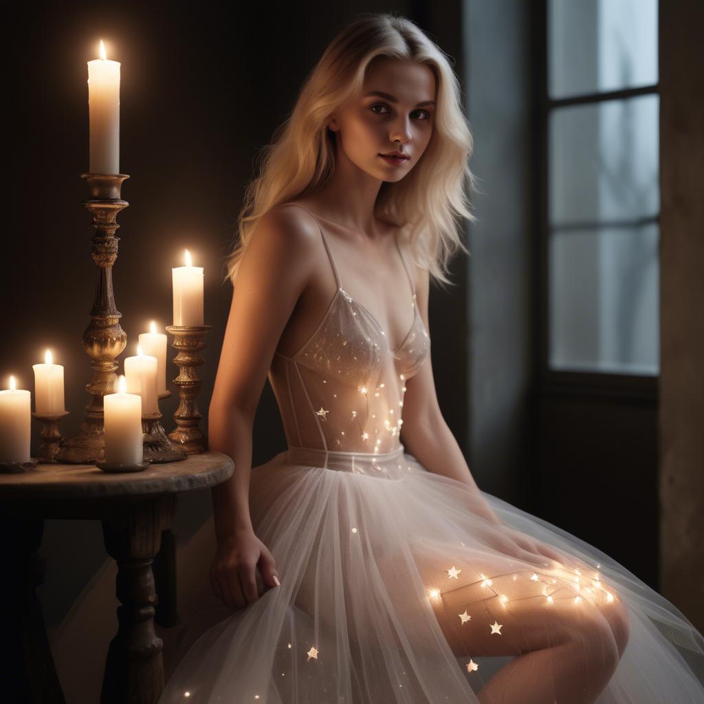 A stunning image of czech glamour star in semi-sheer tulle illuminated by gentle candle flickers.