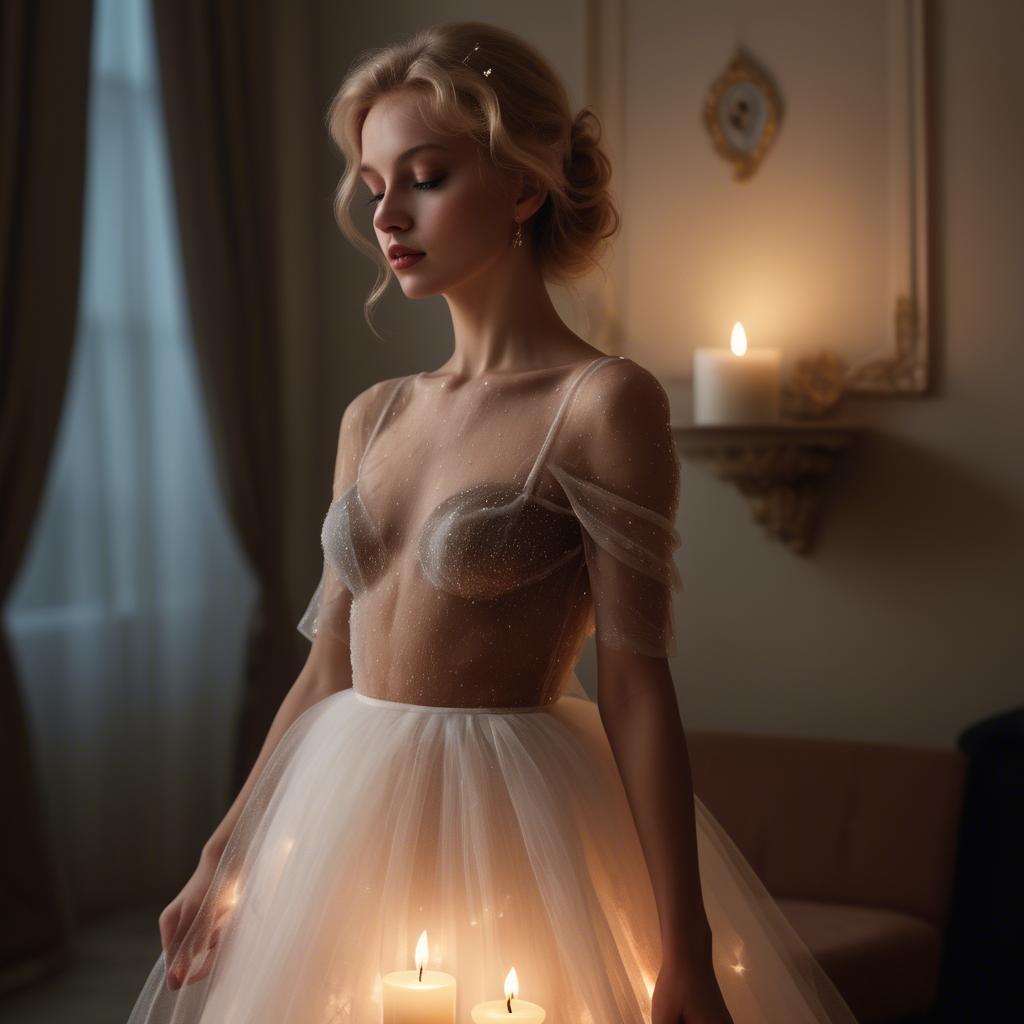 A stunning image of czech glamour star in semi-sheer tulle illuminated by gentle candle flickers.