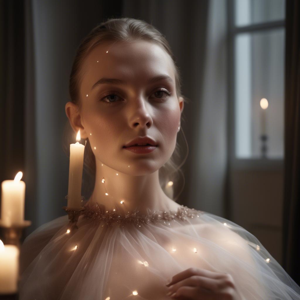 A stunning image of czech glamour star in semi-sheer tulle illuminated by gentle candle flickers.