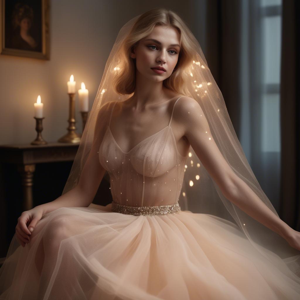 A stunning image of czech glamour star in semi-sheer tulle illuminated by gentle candle flickers.