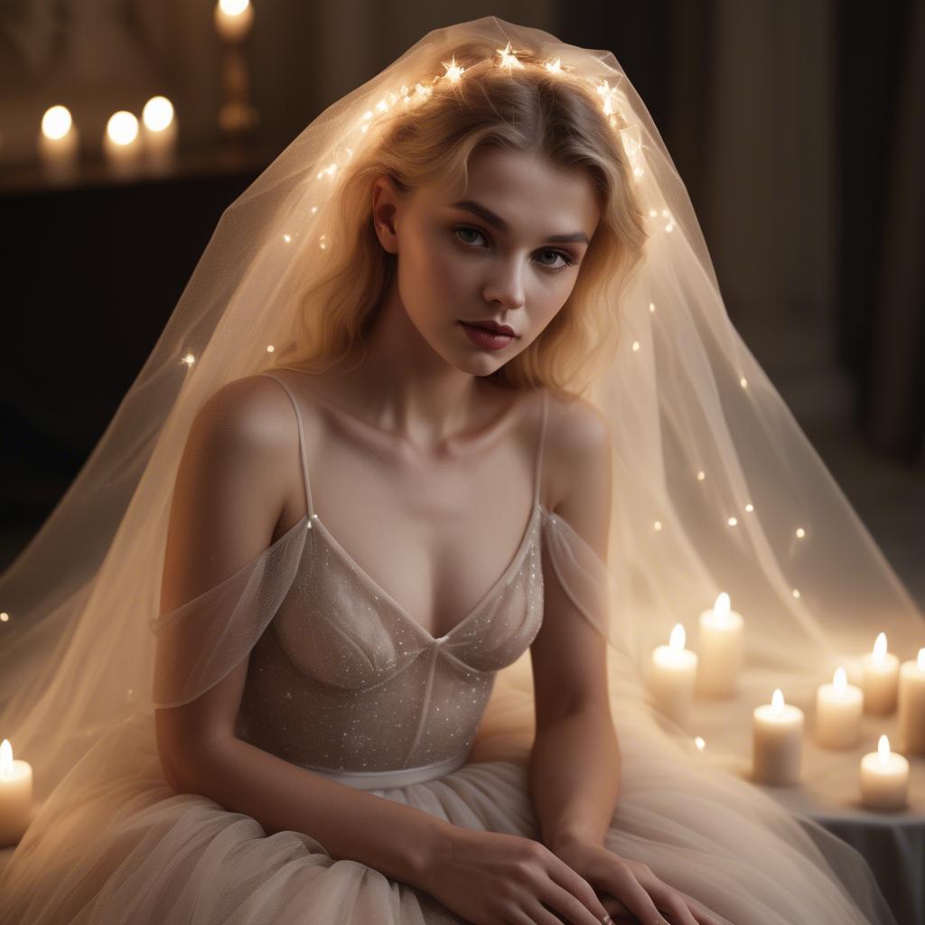 A stunning image of czech glamour star in semi-sheer tulle illuminated by gentle candle flickers.