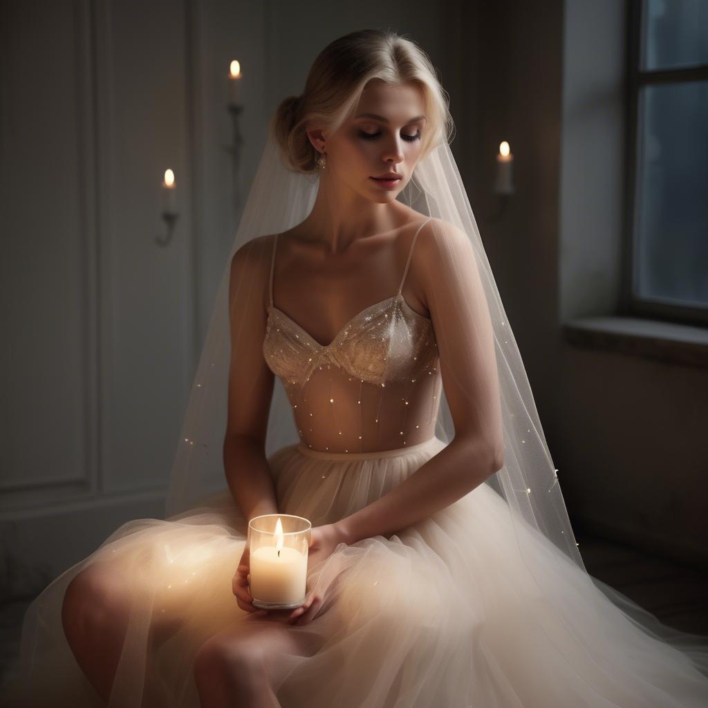 A stunning image of czech glamour star in semi-sheer tulle illuminated by gentle candle flickers.