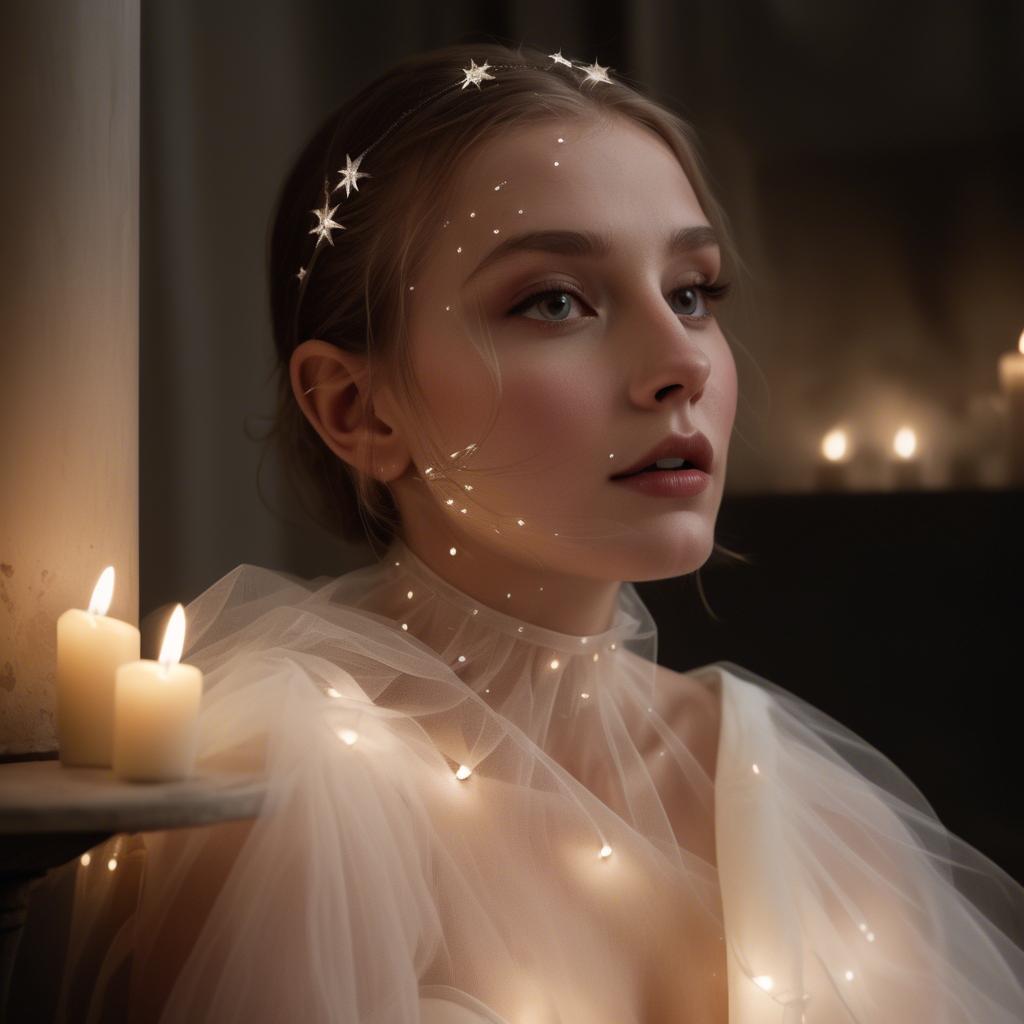 A stunning image of czech glamour star in semi-sheer tulle illuminated by gentle candle flickers.