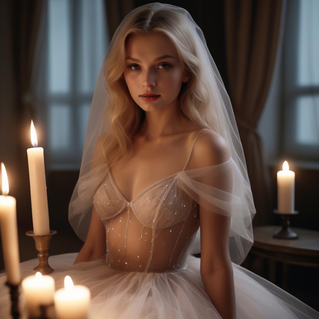 A stunning image of czech glamour star in semi-sheer tulle illuminated by gentle candle flickers.