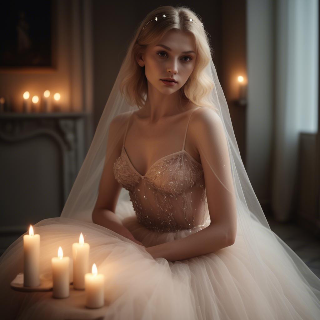 A stunning image of czech glamour star in semi-sheer tulle illuminated by gentle candle flickers.