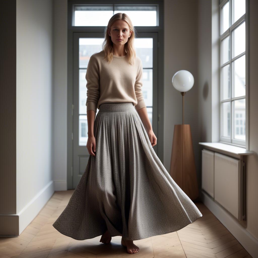 A stunning image of danish elegance in a flowing maxi skirt subtly lit by warm geometric interior lights.