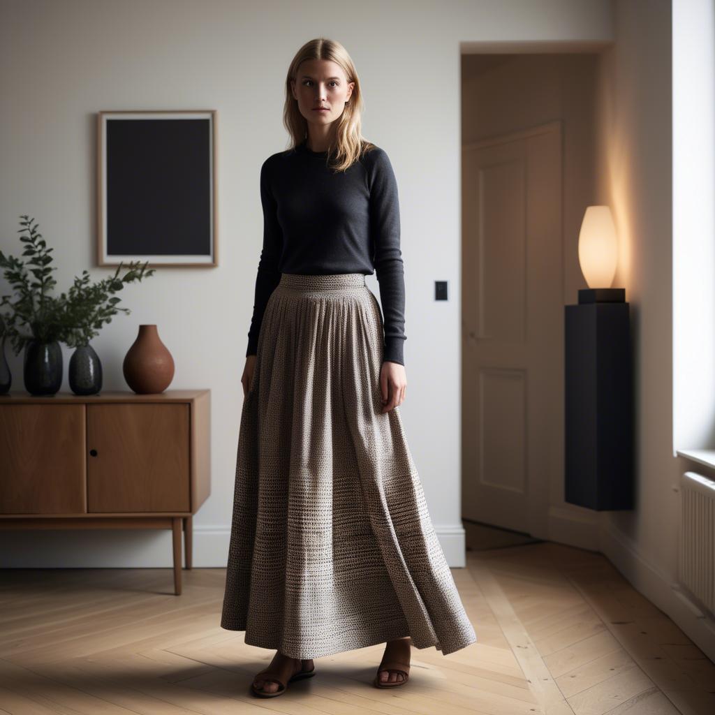 A stunning image of danish elegance in a flowing maxi skirt subtly lit by warm geometric interior lights.