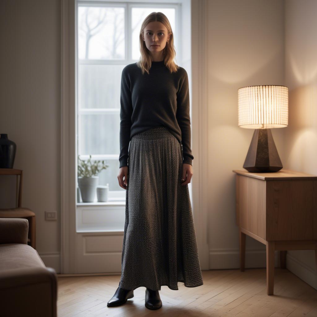 A stunning image of danish elegance in a flowing maxi skirt subtly lit by warm geometric interior lights.