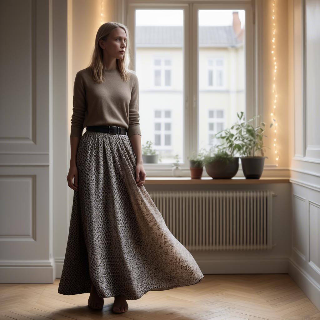 A stunning image of danish elegance in a flowing maxi skirt subtly lit by warm geometric interior lights.
