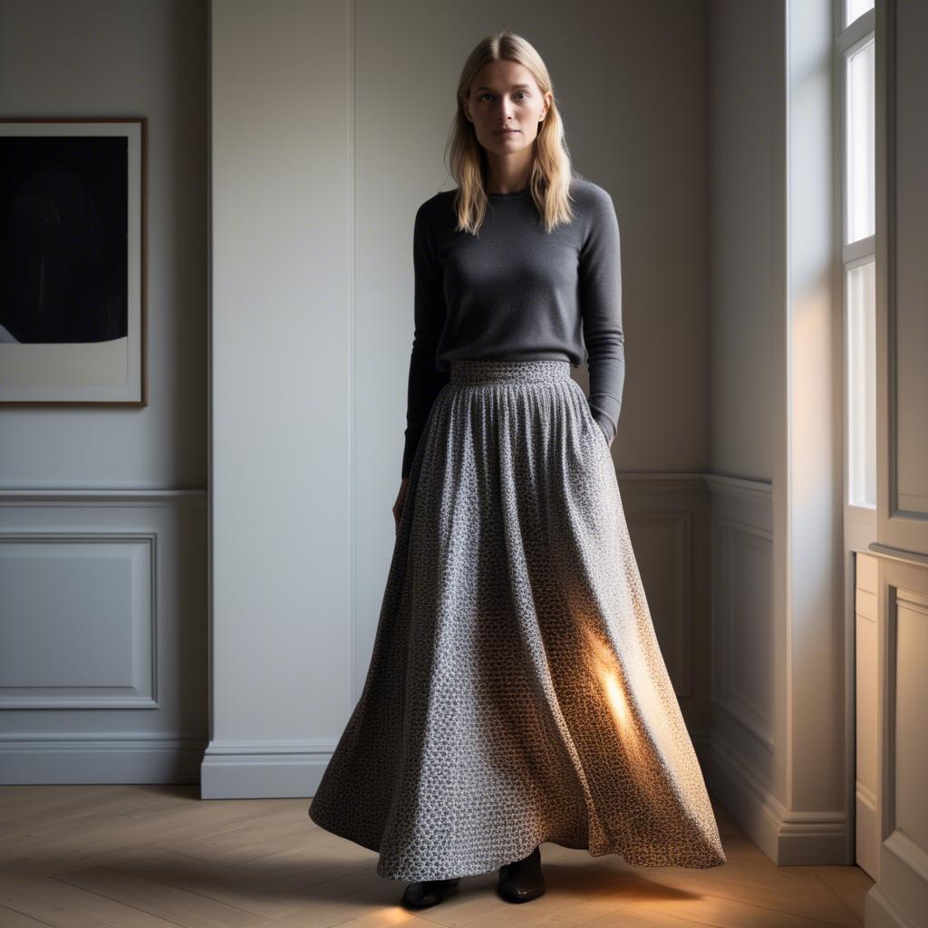A stunning image of danish elegance in a flowing maxi skirt subtly lit by warm geometric interior lights.
