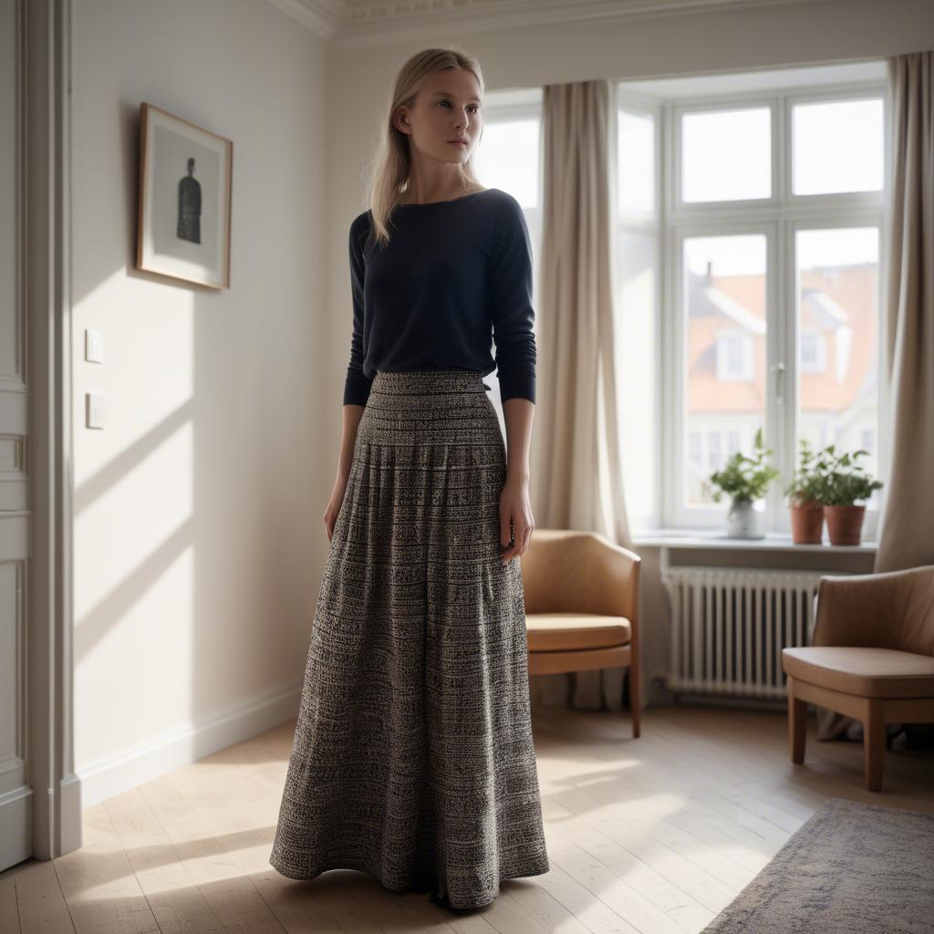 A stunning image of danish elegance in a flowing maxi skirt subtly lit by warm geometric interior lights.