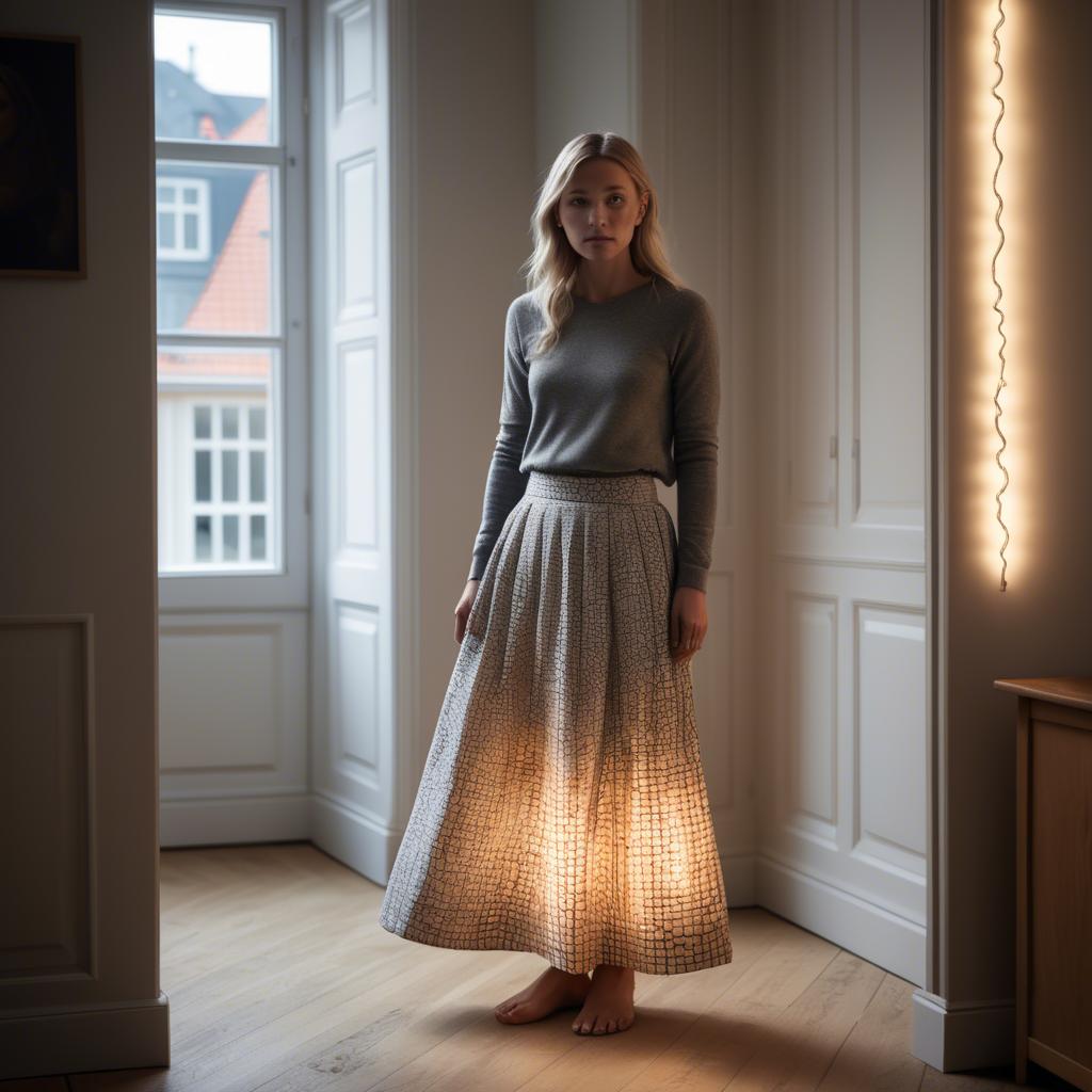 A stunning image of danish elegance in a flowing maxi skirt subtly lit by warm geometric interior lights.