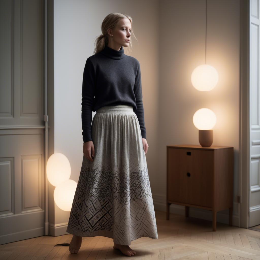 A stunning image of danish elegance in a flowing maxi skirt subtly lit by warm geometric interior lights.