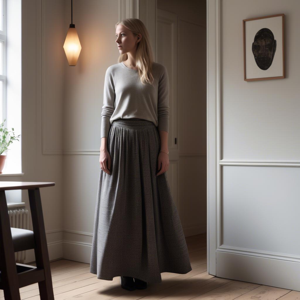 A stunning image of danish elegance in a flowing maxi skirt subtly lit by warm geometric interior lights.