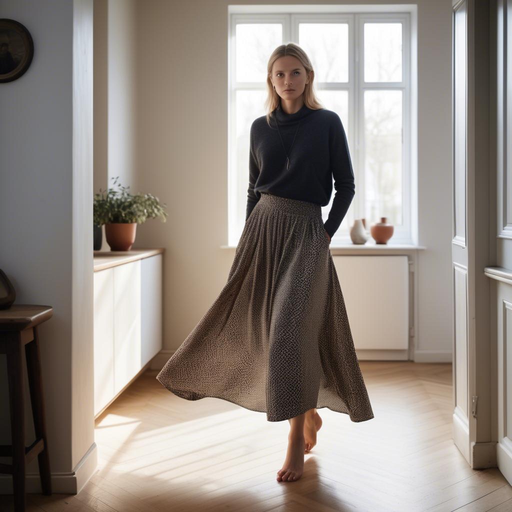A stunning image of danish elegance in a flowing maxi skirt subtly lit by warm geometric interior lights.