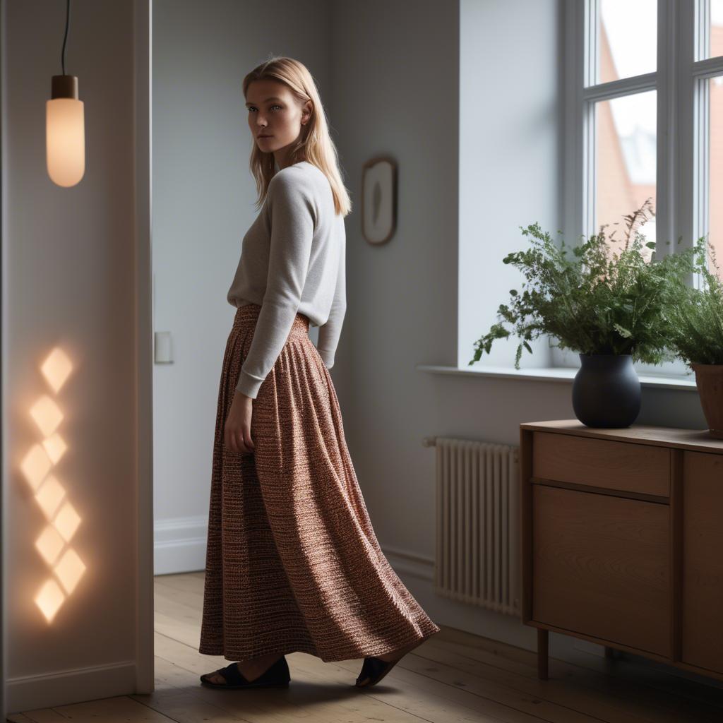 A stunning image of danish elegance in a flowing maxi skirt subtly lit by warm geometric interior lights.