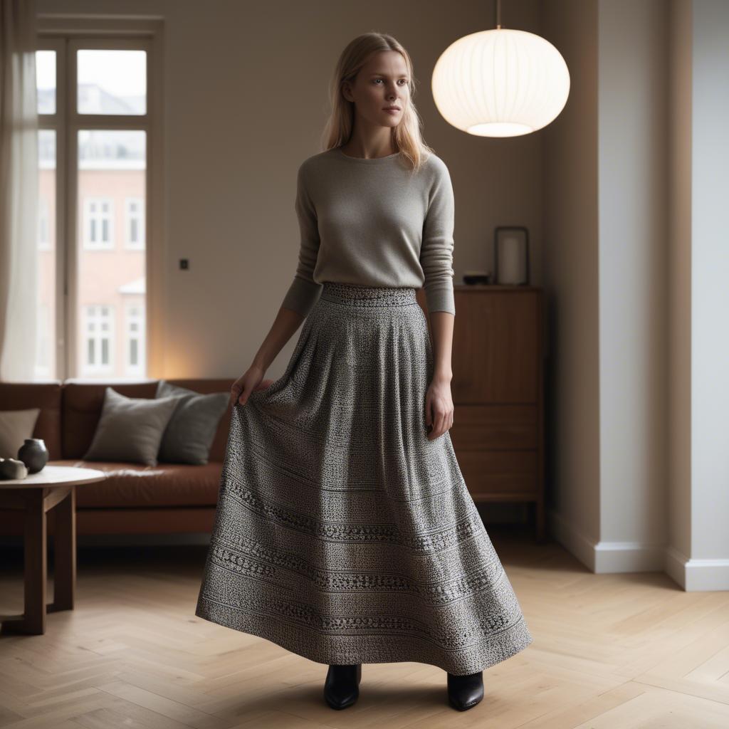 A stunning image of danish elegance in a flowing maxi skirt subtly lit by warm geometric interior lights.