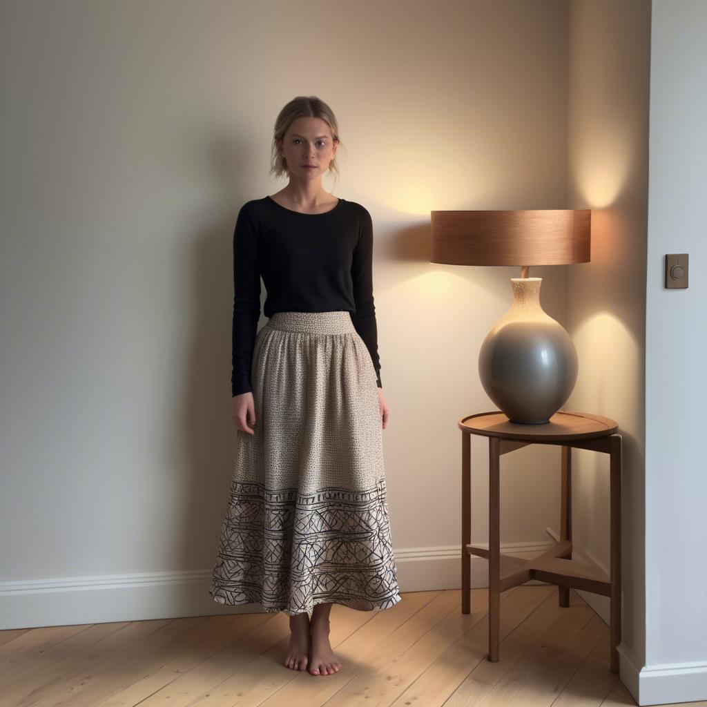 A stunning image of danish elegance in a flowing maxi skirt subtly lit by warm geometric interior lights.