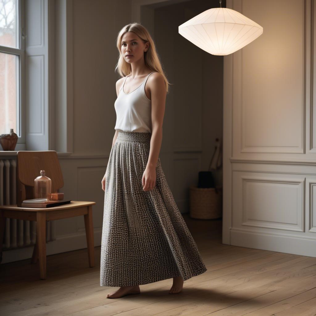 A stunning image of danish elegance in a flowing maxi skirt subtly lit by warm geometric interior lights.