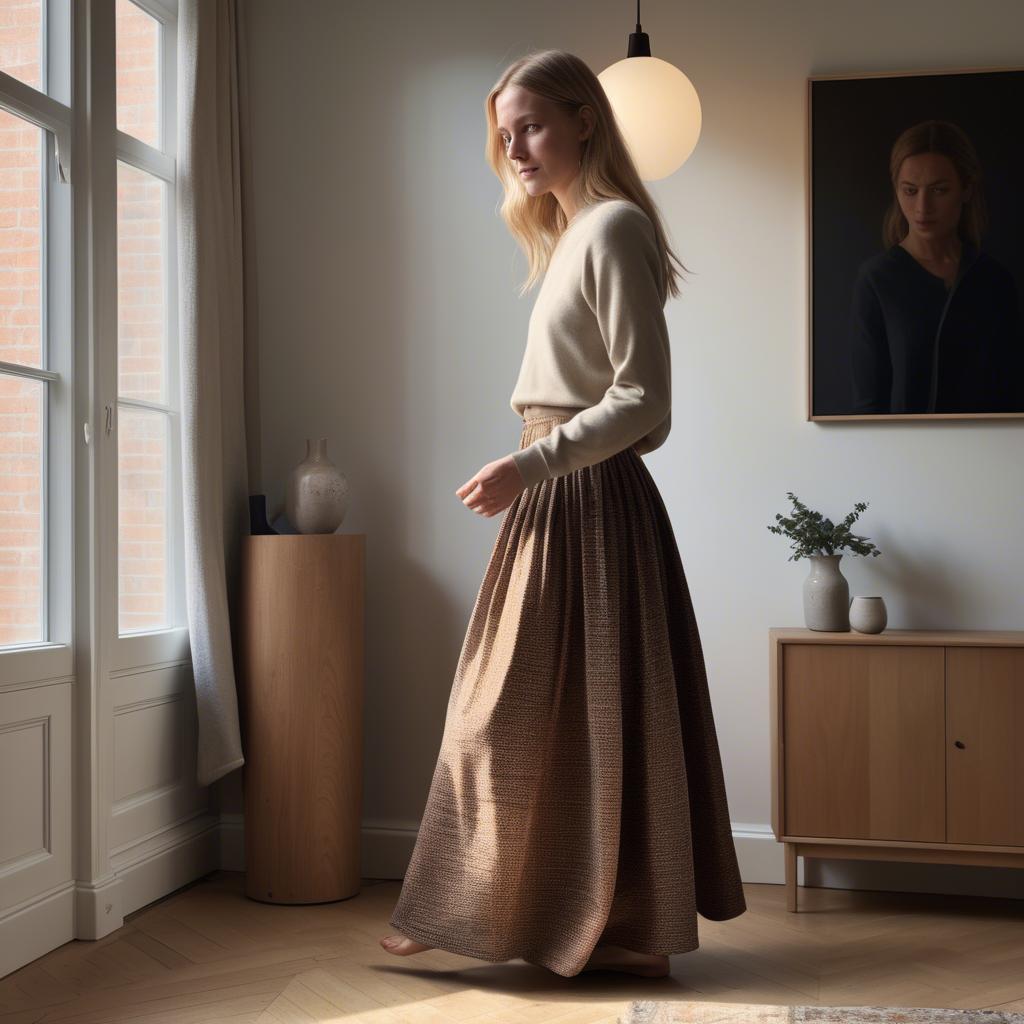 A stunning image of danish elegance in a flowing maxi skirt subtly lit by warm geometric interior lights.
