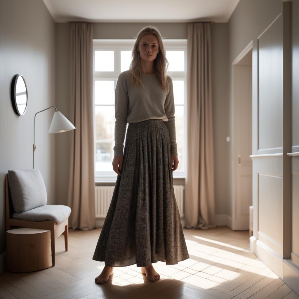 A stunning image of danish elegance in a flowing maxi skirt subtly lit by warm geometric interior lights.