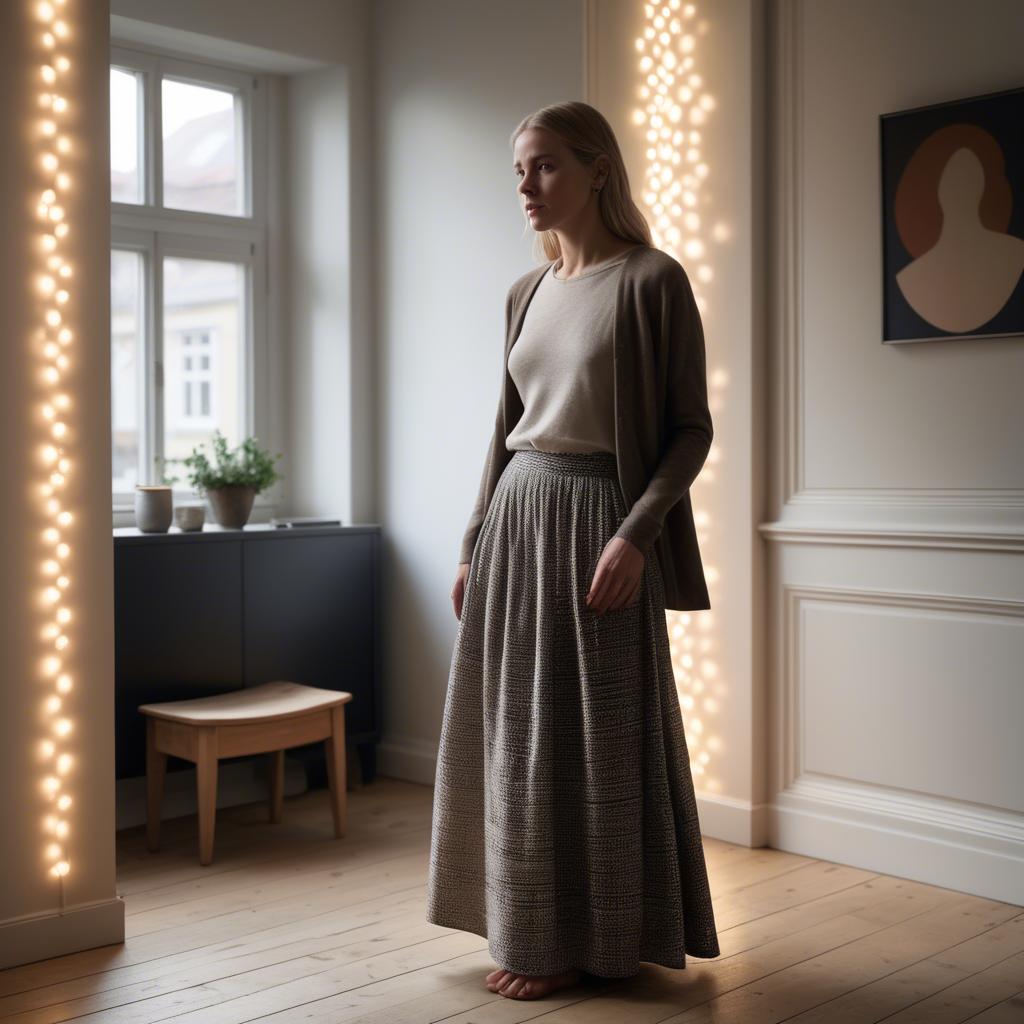 A stunning image of danish elegance in a flowing maxi skirt subtly lit by warm geometric interior lights.