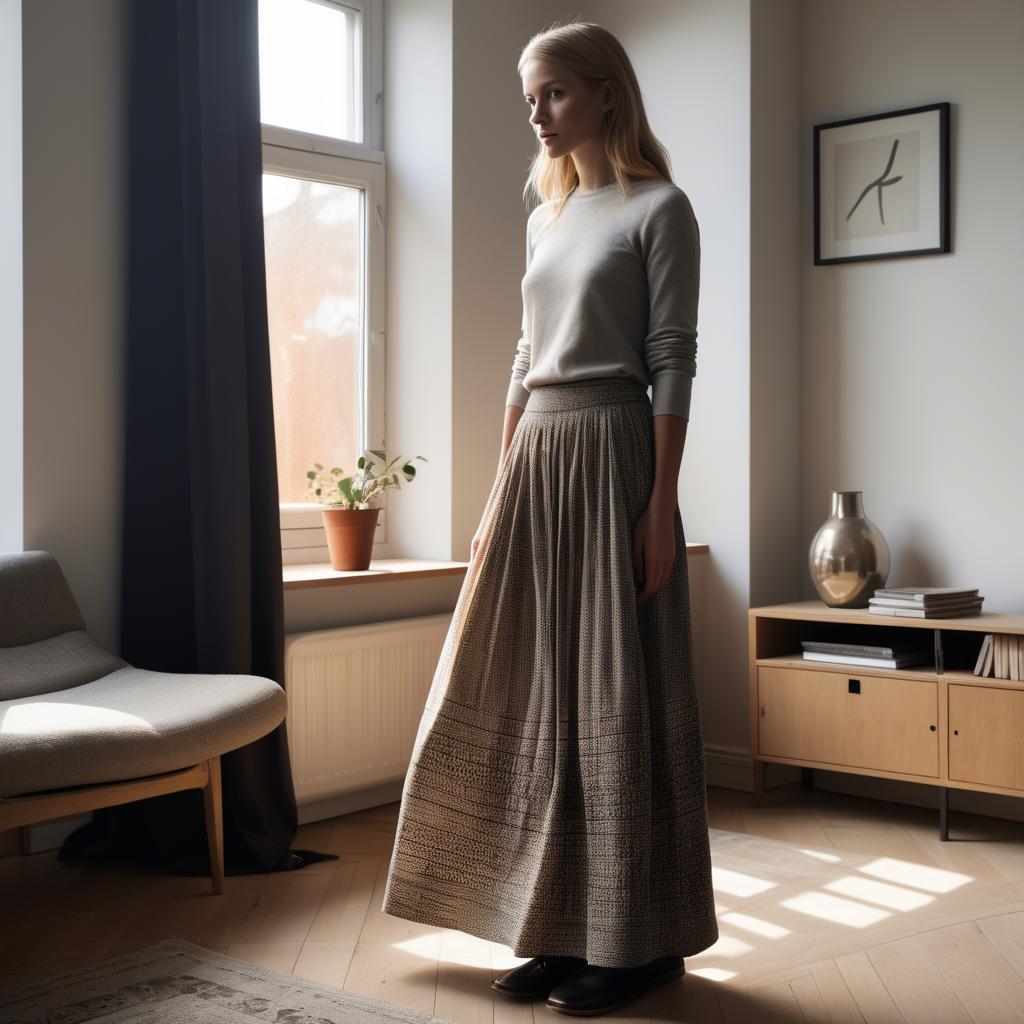 A stunning image of danish elegance in a flowing maxi skirt subtly lit by warm geometric interior lights.