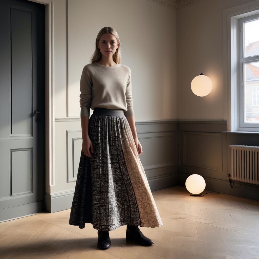 A stunning image of danish elegance in a flowing maxi skirt subtly lit by warm geometric interior lights.