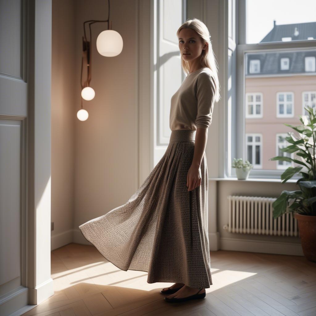 A stunning image of danish elegance in a flowing maxi skirt subtly lit by warm geometric interior lights.