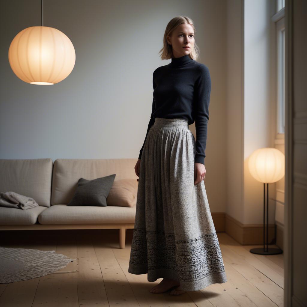 A stunning image of danish elegance in a flowing maxi skirt subtly lit by warm geometric interior lights.