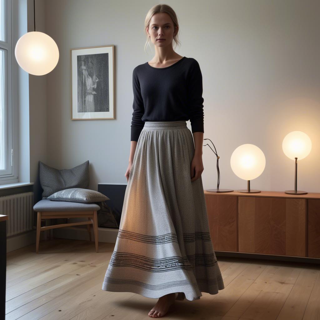 A stunning image of danish elegance in a flowing maxi skirt subtly lit by warm geometric interior lights.