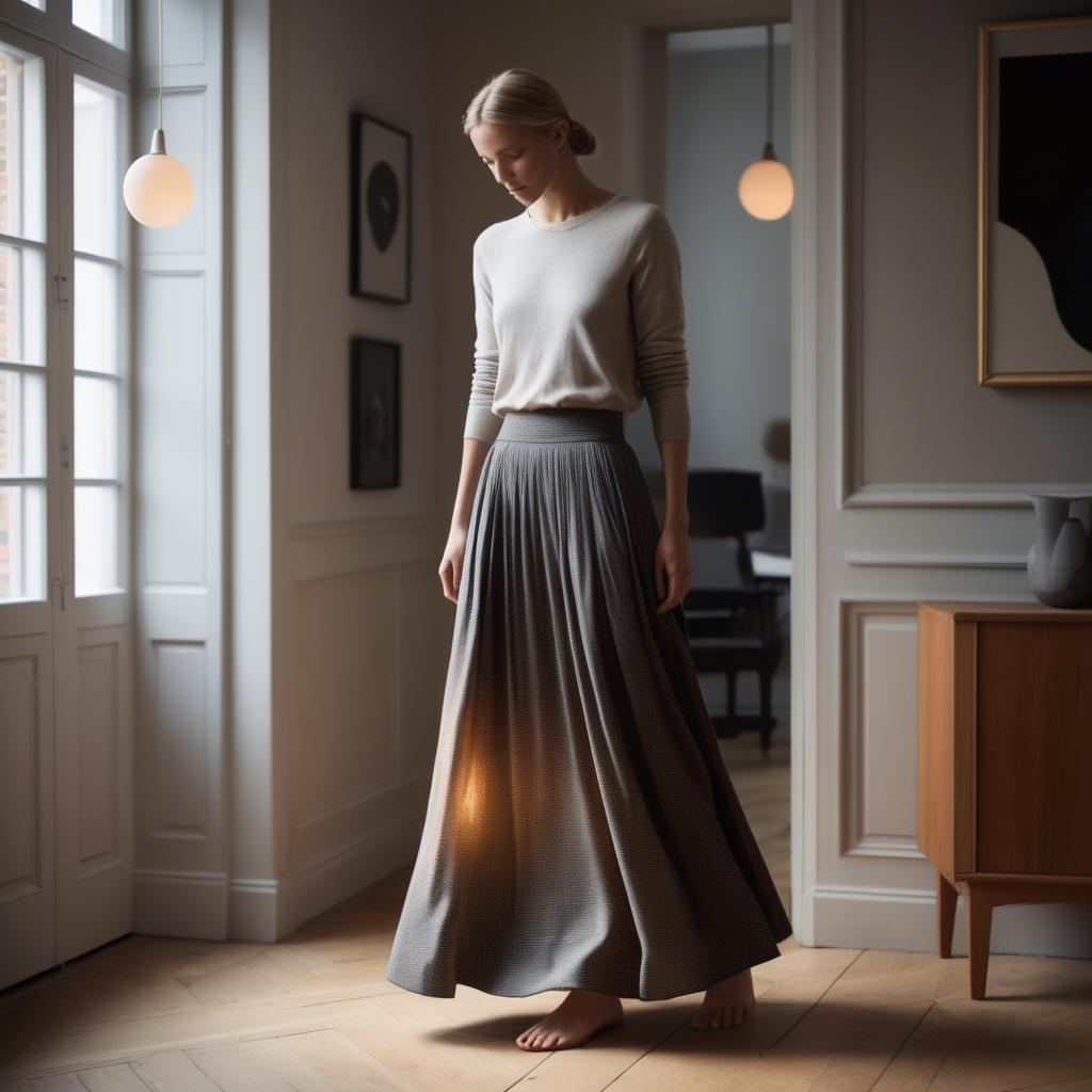 A stunning image of danish elegance in a flowing maxi skirt subtly lit by warm geometric interior lights.
