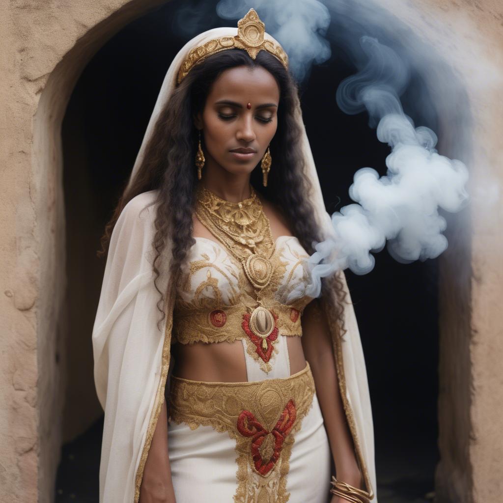 A stunning image of eritrean goddess donning a fitted embroidered gown subtly enhanced by soft incense smoke.