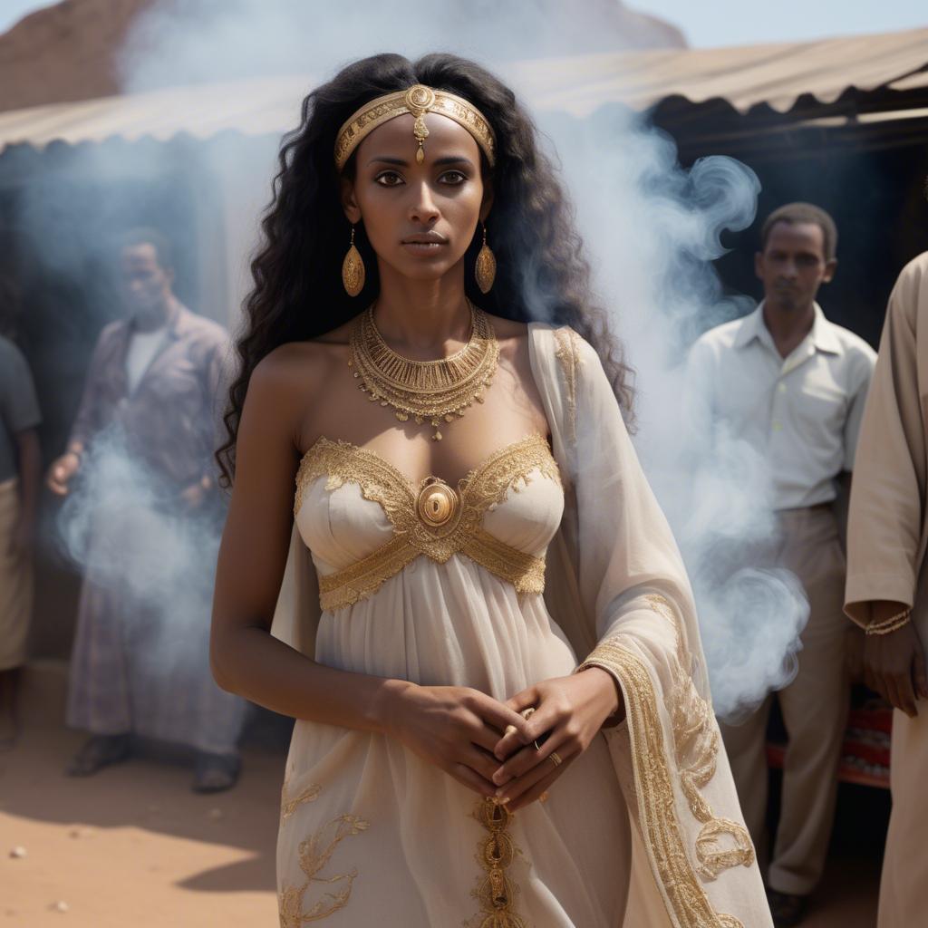 A stunning image of eritrean goddess donning a fitted embroidered gown subtly enhanced by soft incense smoke.
