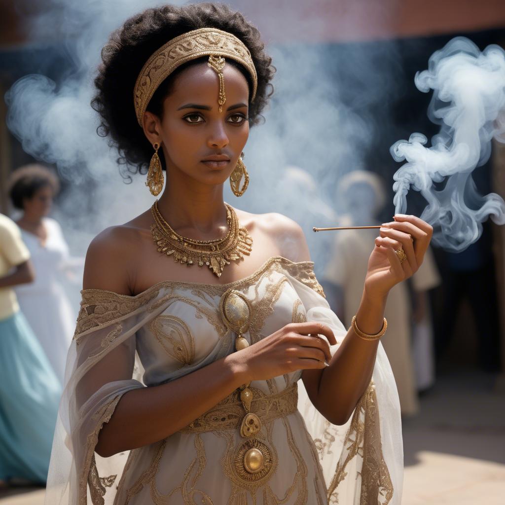 A stunning image of eritrean goddess donning a fitted embroidered gown subtly enhanced by soft incense smoke.