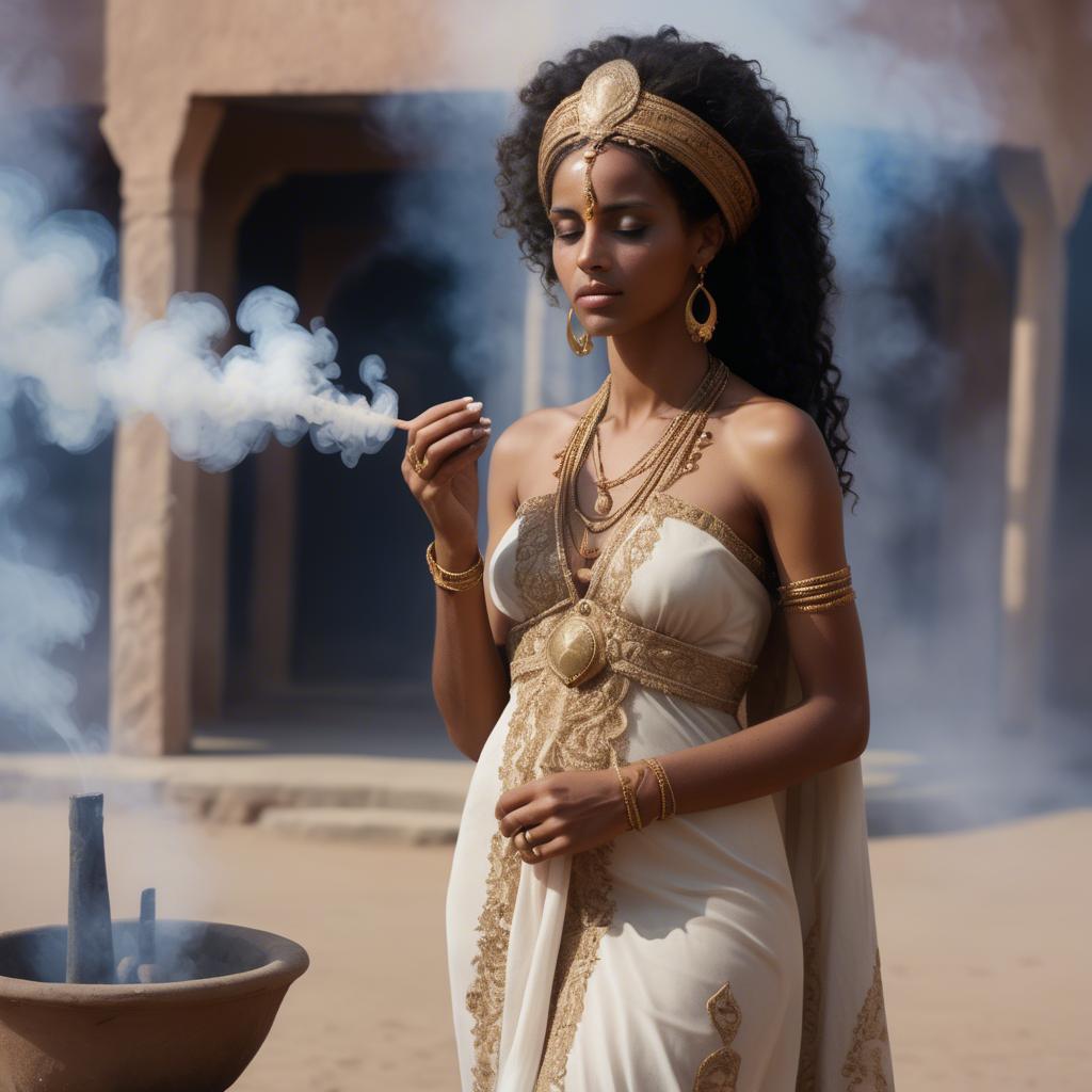 A stunning image of eritrean goddess donning a fitted embroidered gown subtly enhanced by soft incense smoke.