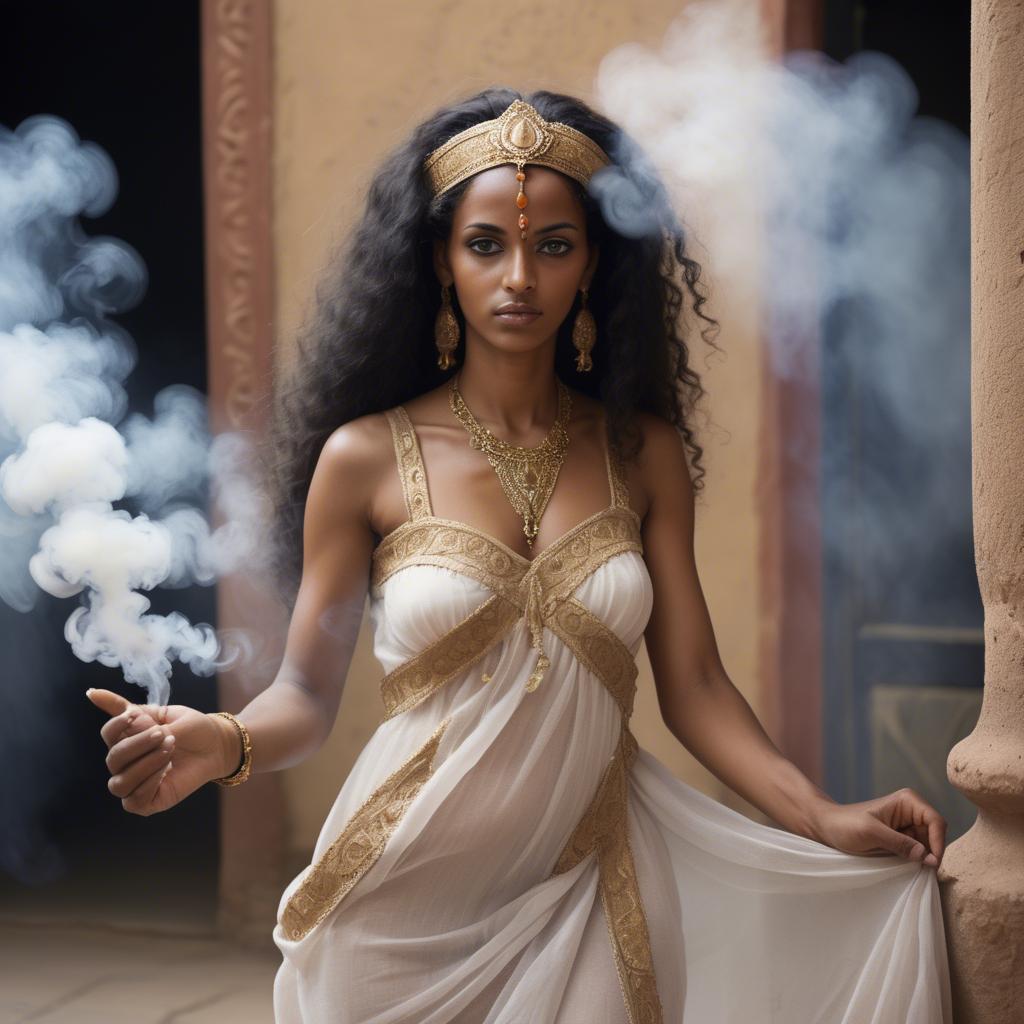 A stunning image of eritrean goddess donning a fitted embroidered gown subtly enhanced by soft incense smoke.