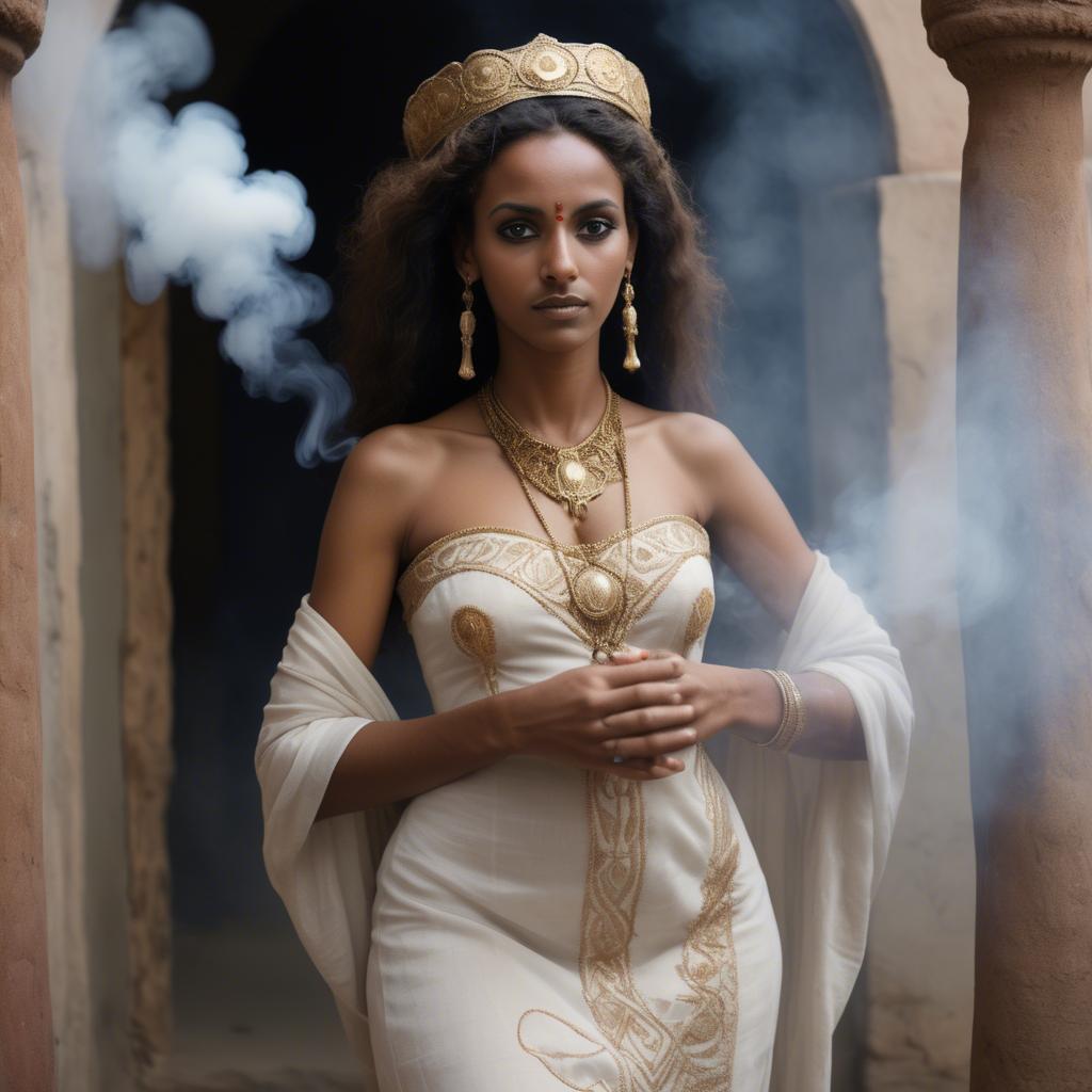 A stunning image of eritrean goddess donning a fitted embroidered gown subtly enhanced by soft incense smoke.