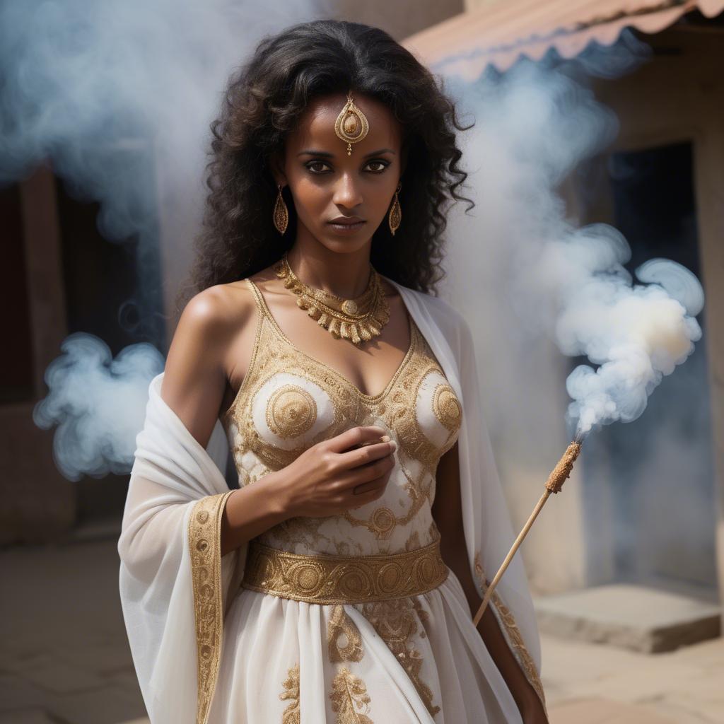 A stunning image of eritrean goddess donning a fitted embroidered gown subtly enhanced by soft incense smoke.