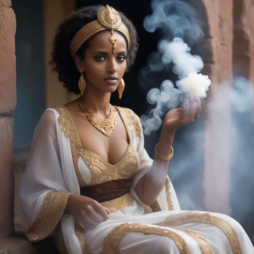 A stunning image of eritrean goddess donning a fitted embroidered gown subtly enhanced by soft incense smoke.