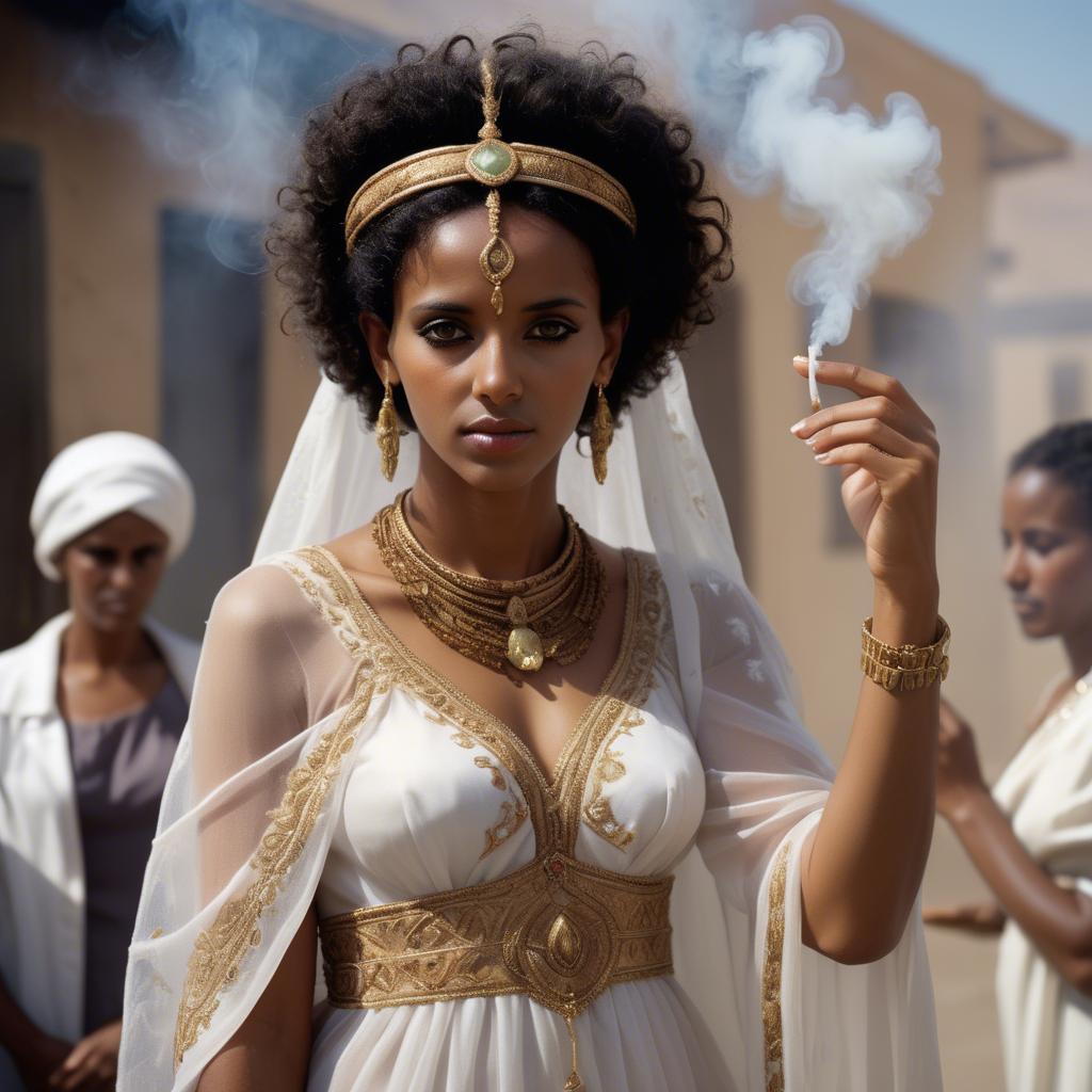 A stunning image of eritrean goddess donning a fitted embroidered gown subtly enhanced by soft incense smoke.