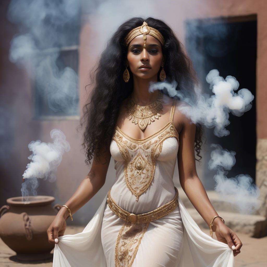 A stunning image of eritrean goddess donning a fitted embroidered gown subtly enhanced by soft incense smoke.