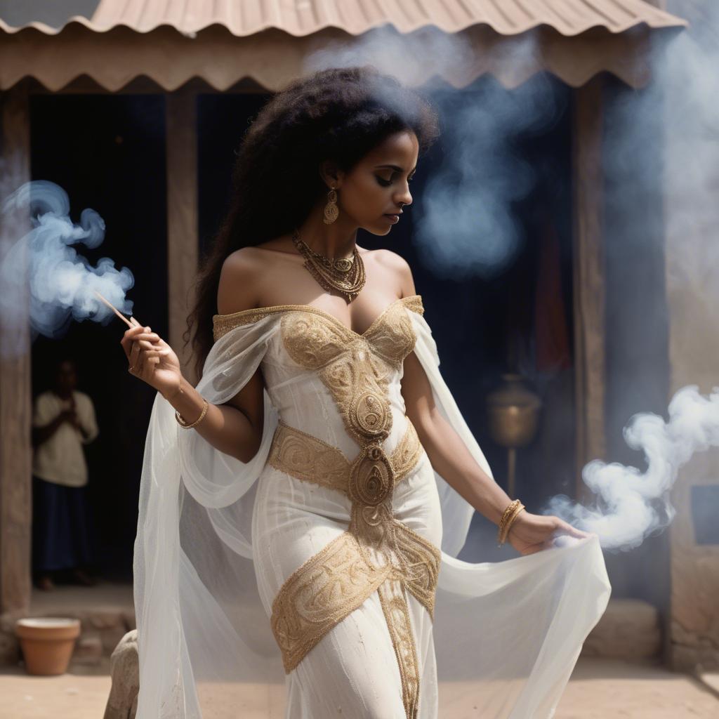 A stunning image of eritrean goddess donning a fitted embroidered gown subtly enhanced by soft incense smoke.